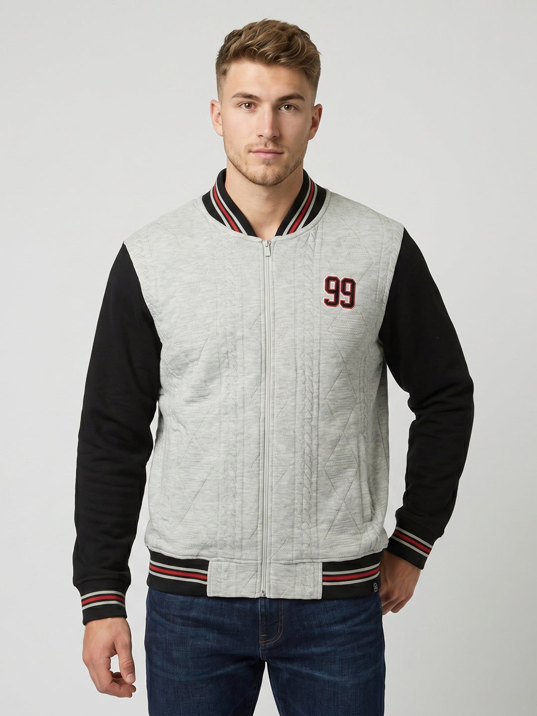 Men Grey Jacquard Mandarin Collar Full Sleeve Varsity Sweatshirt