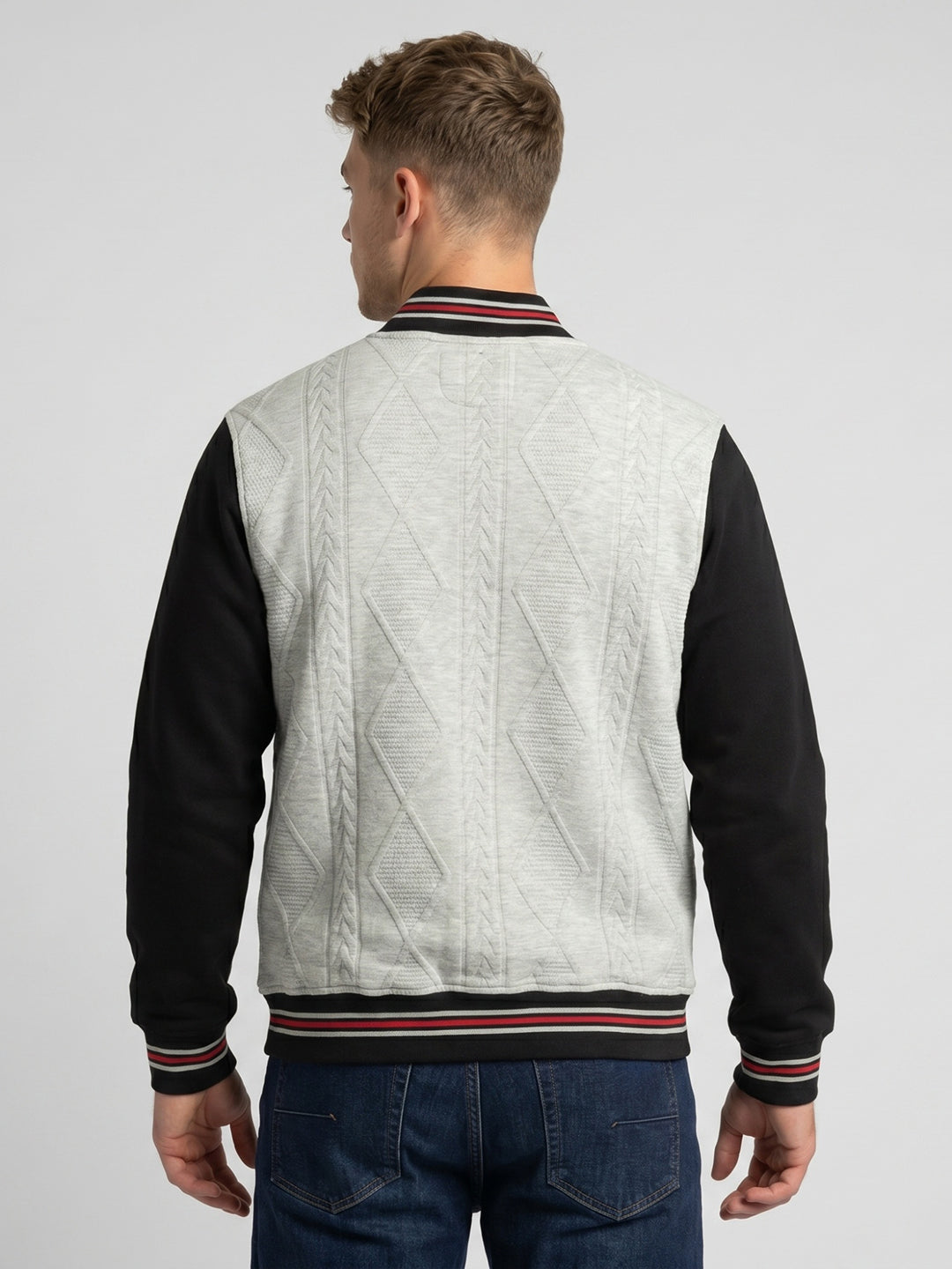 Men Grey Jacquard Mandarin Collar Full Sleeve Varsity Sweatshirt