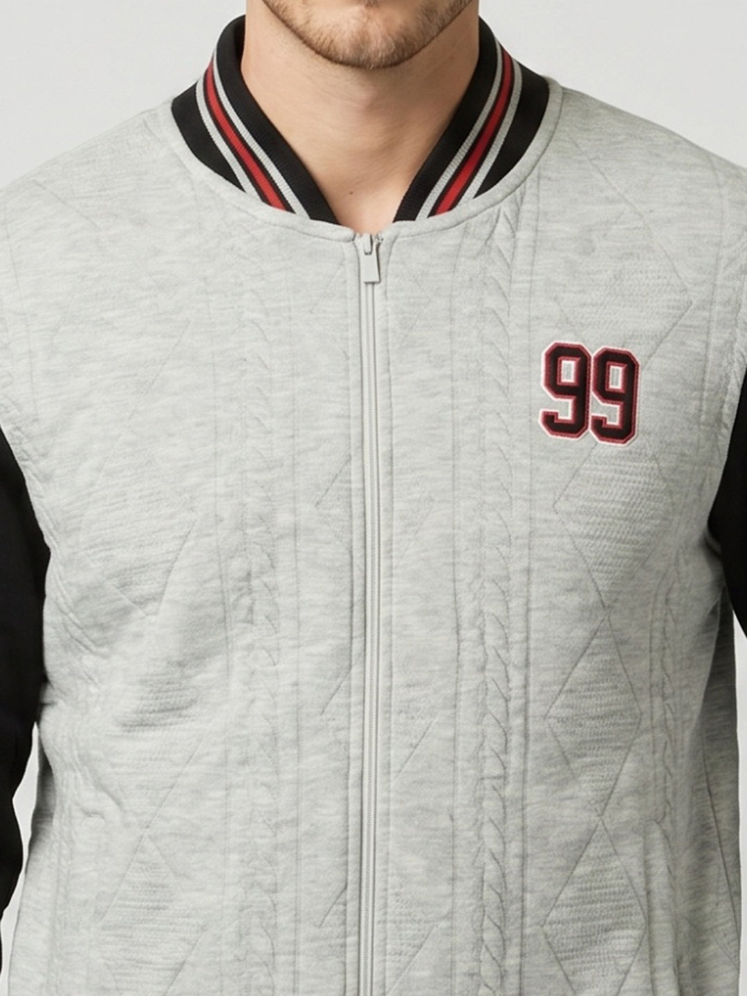 Men Grey Jacquard Mandarin Collar Full Sleeve Varsity Sweatshirt