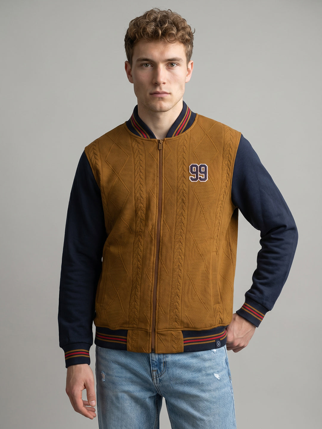Men Tan Jacquard Mandarin Collar Full Sleeve Varsity Sweatshirt