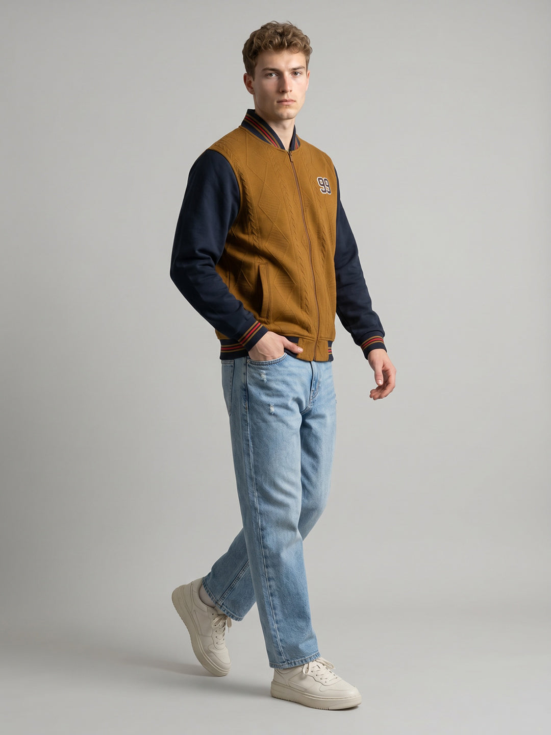 Men Tan Jacquard Mandarin Collar Full Sleeve Varsity Sweatshirt