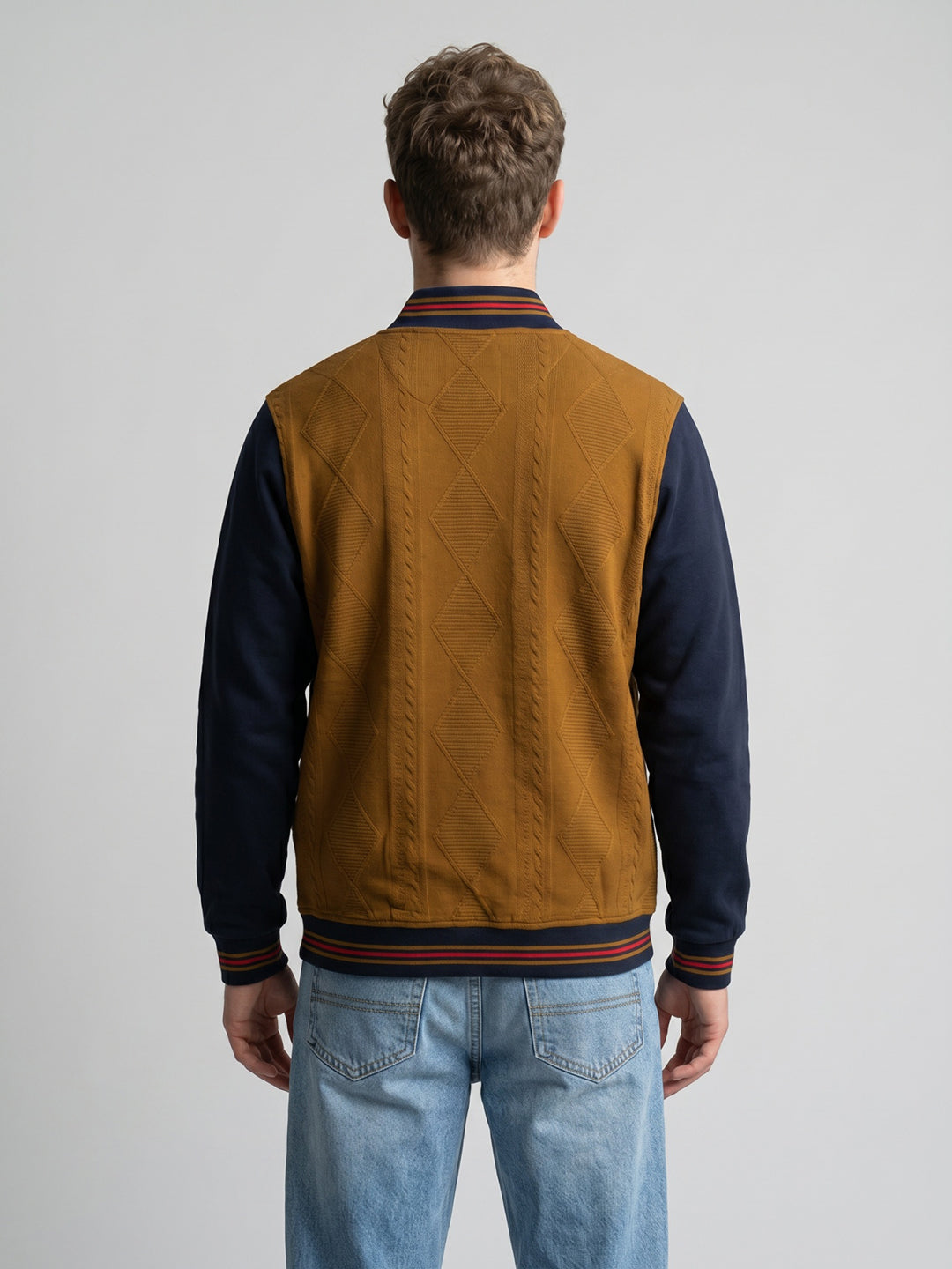 Men Tan Jacquard Mandarin Collar Full Sleeve Varsity Sweatshirt