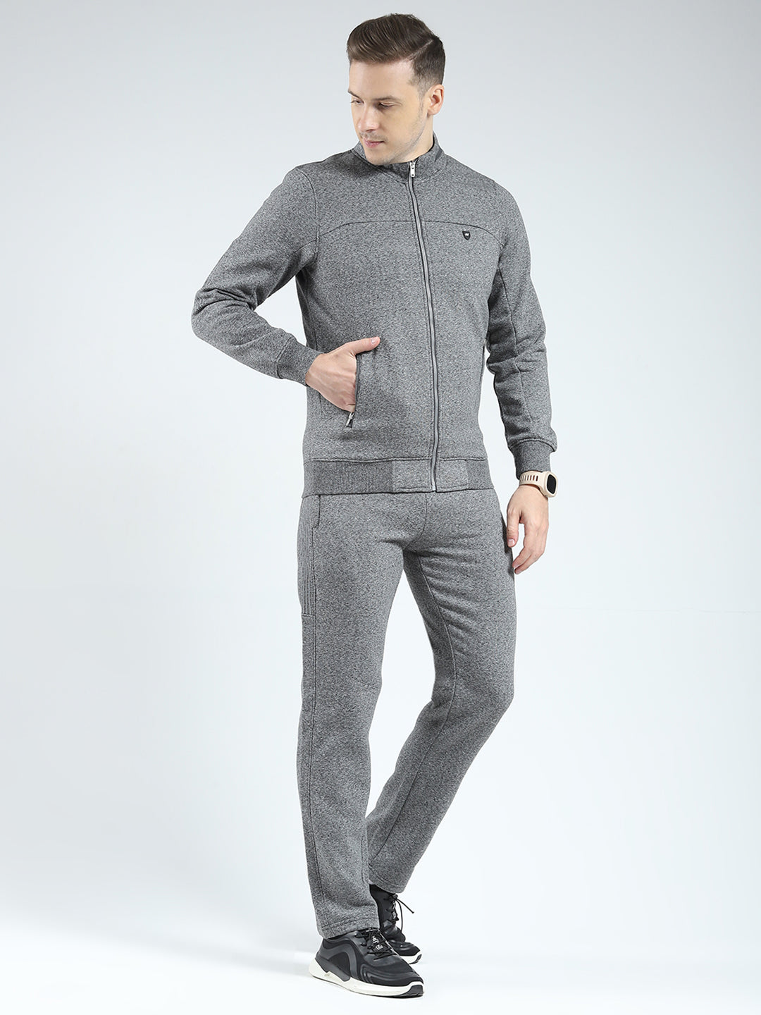 Men Charcoal Solid Mock Neck Full Sleeve Winter Tracksuit