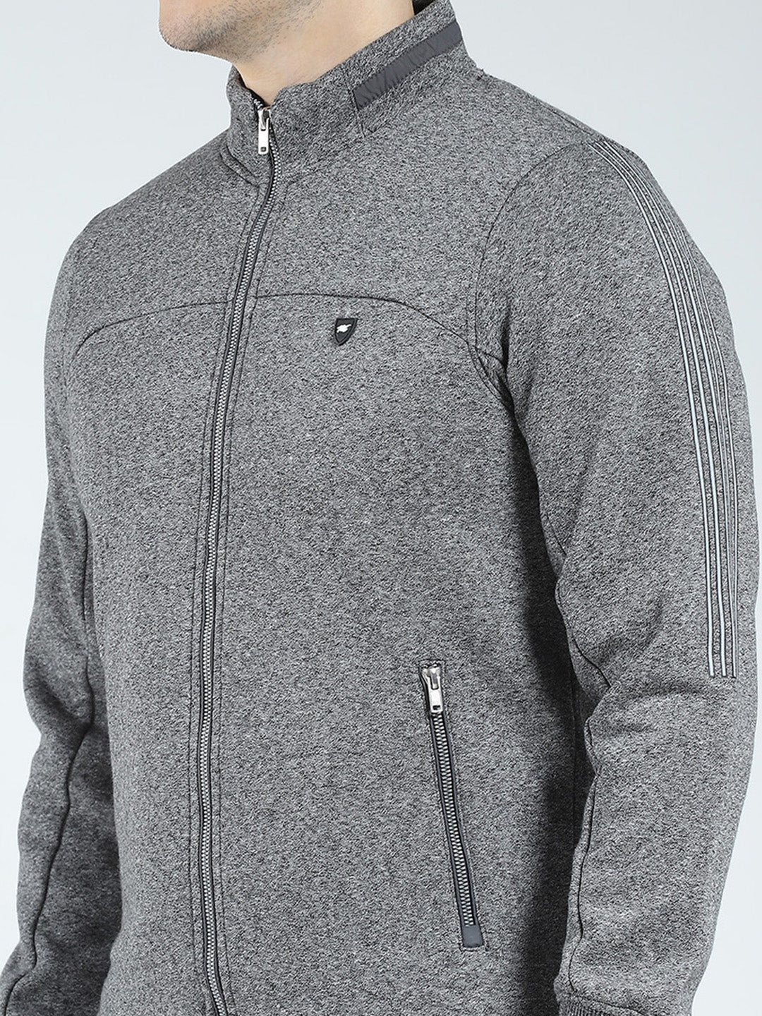 Men Charcoal Solid Mock Neck Full Sleeve Winter Tracksuit