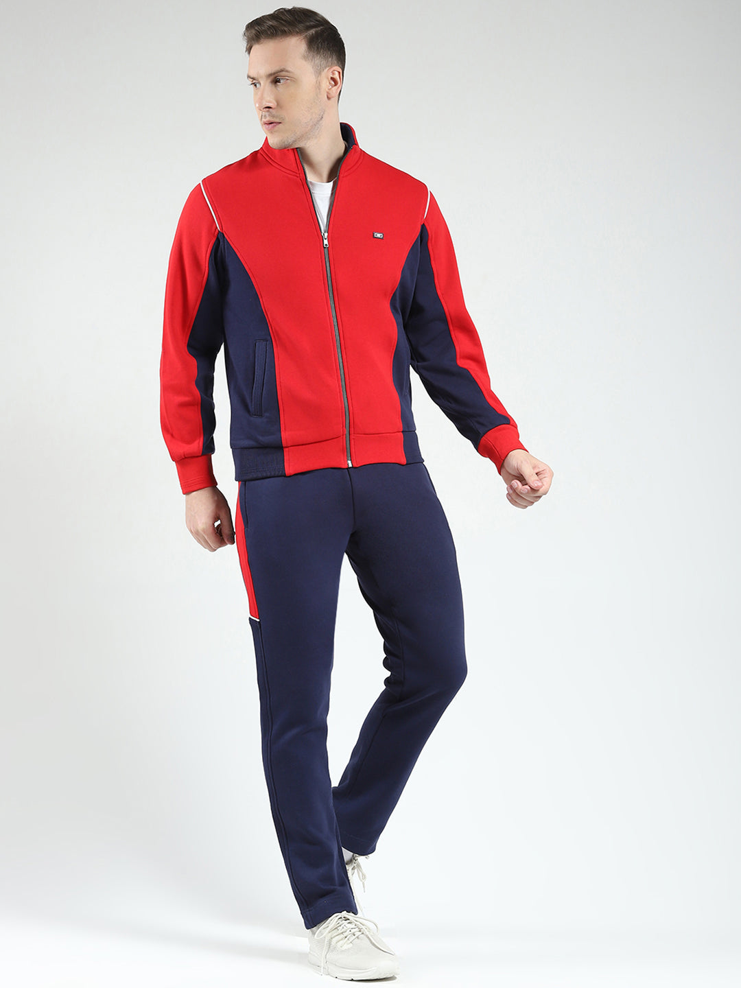 Men Red & Navy Blue Solid Mock Neck Full Sleeve Winter Tracksuit
