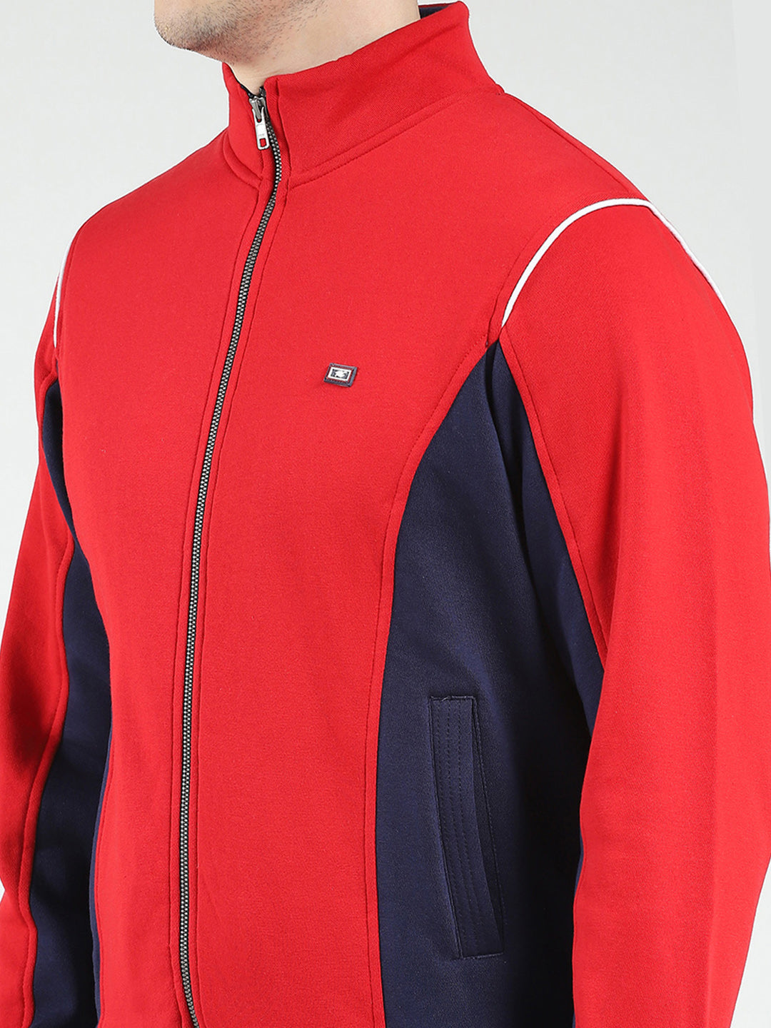 Men Red & Navy Blue Solid Mock Neck Full Sleeve Winter Tracksuit