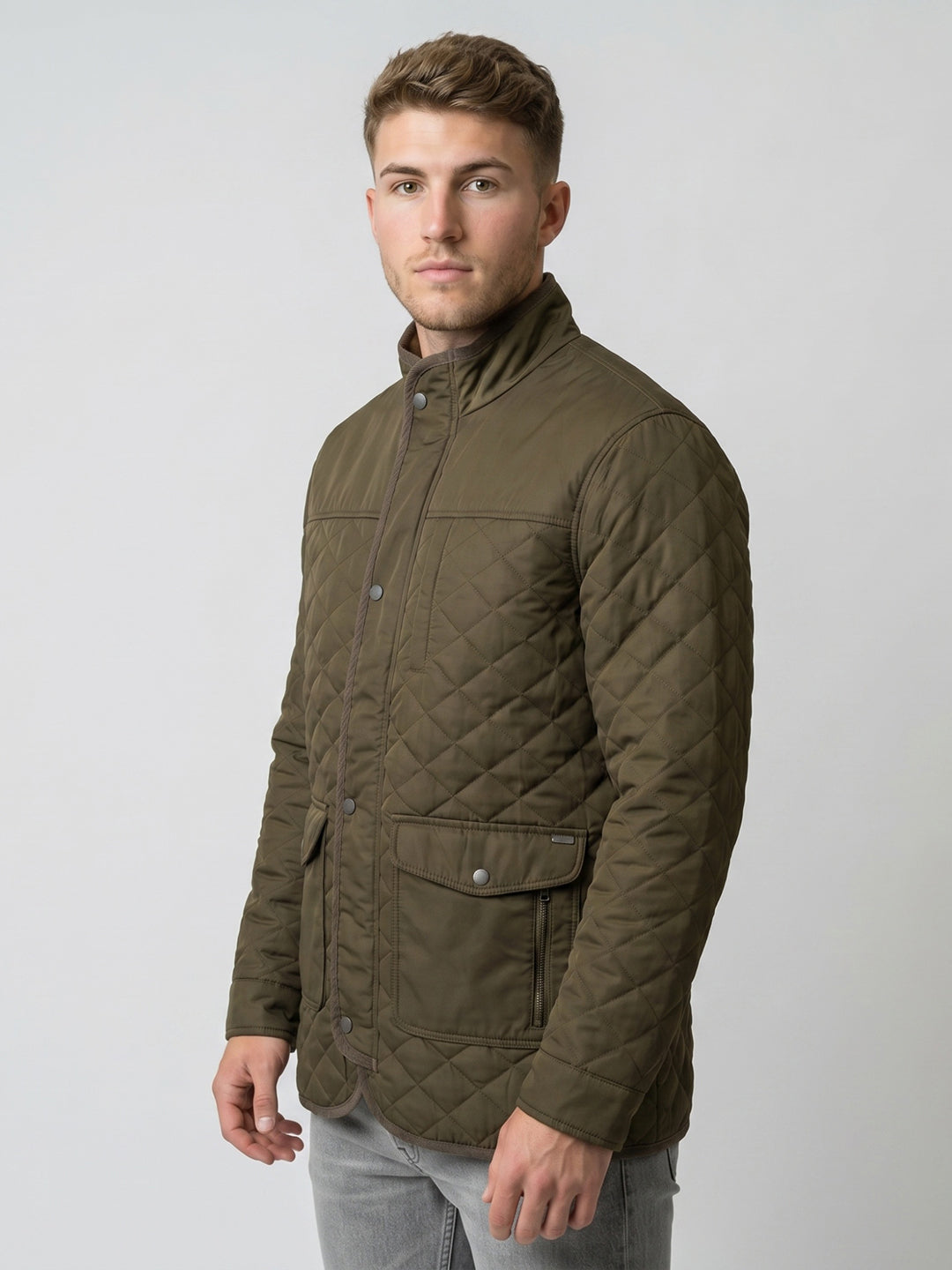 Men Olive Solid Mandarin Collar Full Sleeve Parka Jacket