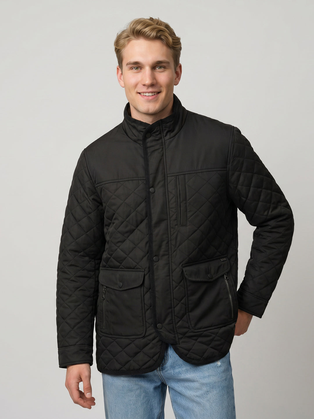 Men Black Solid Mandarin Collar Full Sleeve Parka Jacket