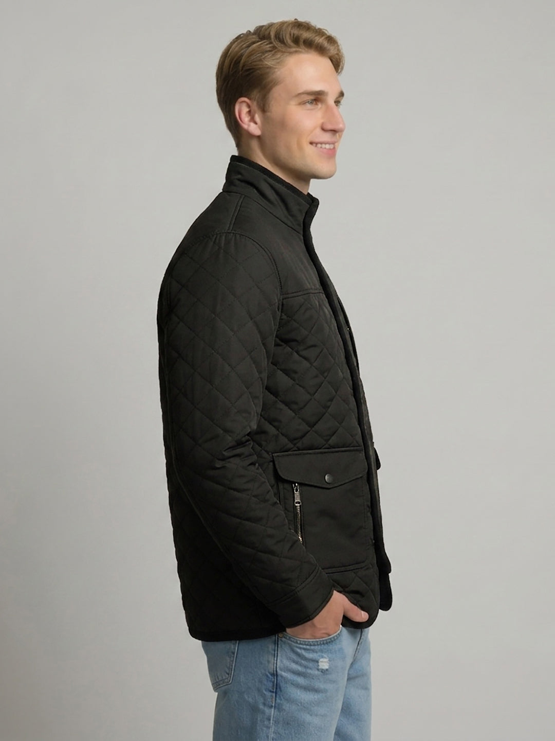 Men Black Solid Mandarin Collar Full Sleeve Parka Jacket