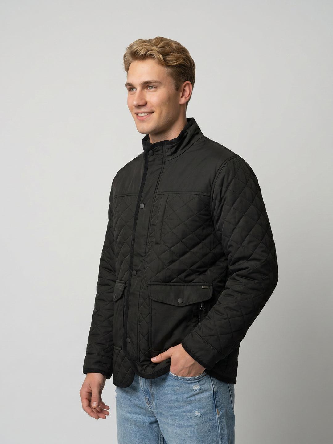Men Black Solid Mandarin Collar Full Sleeve Parka Jacket