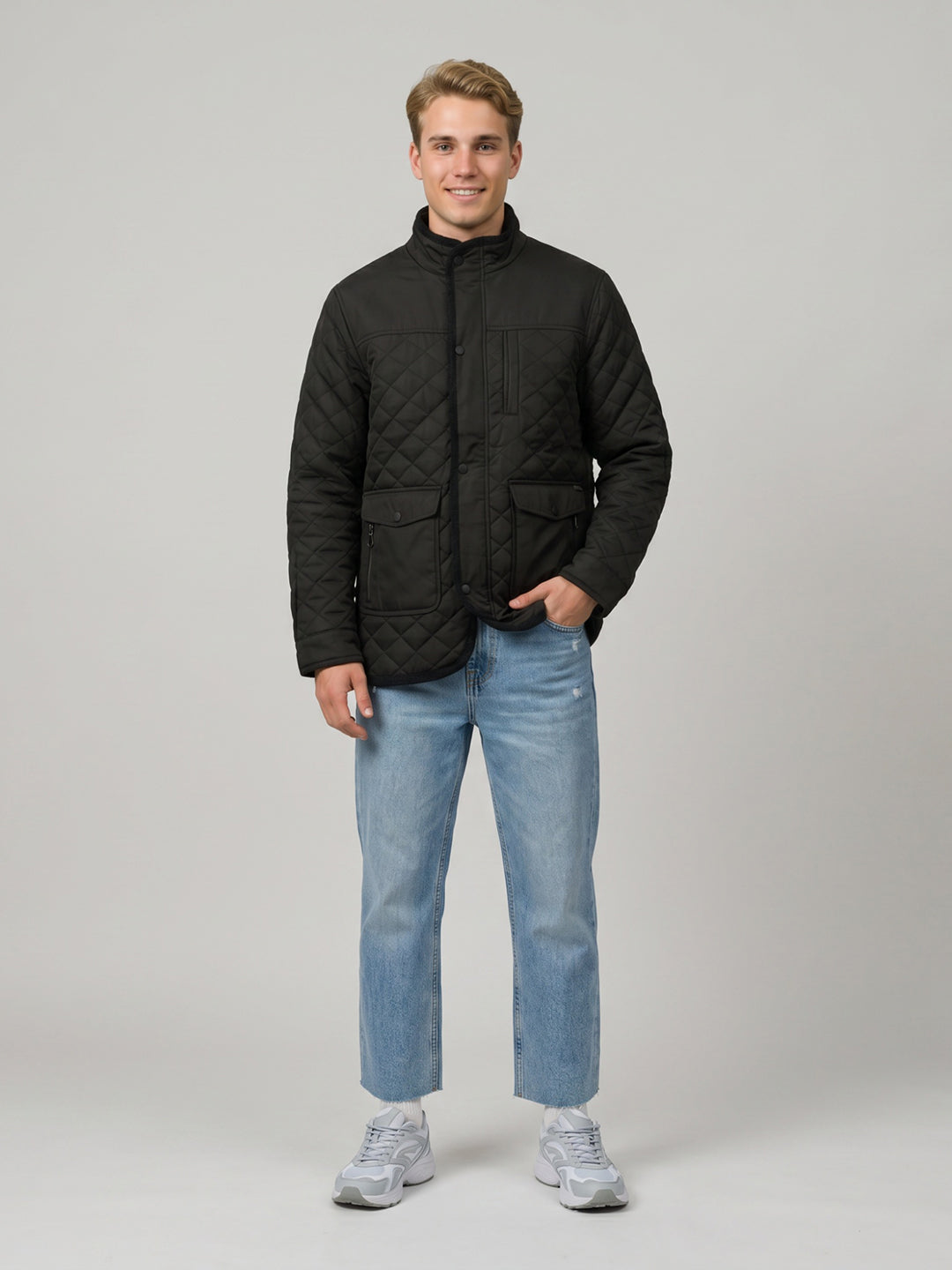 Men Black Solid Mandarin Collar Full Sleeve Parka Jacket