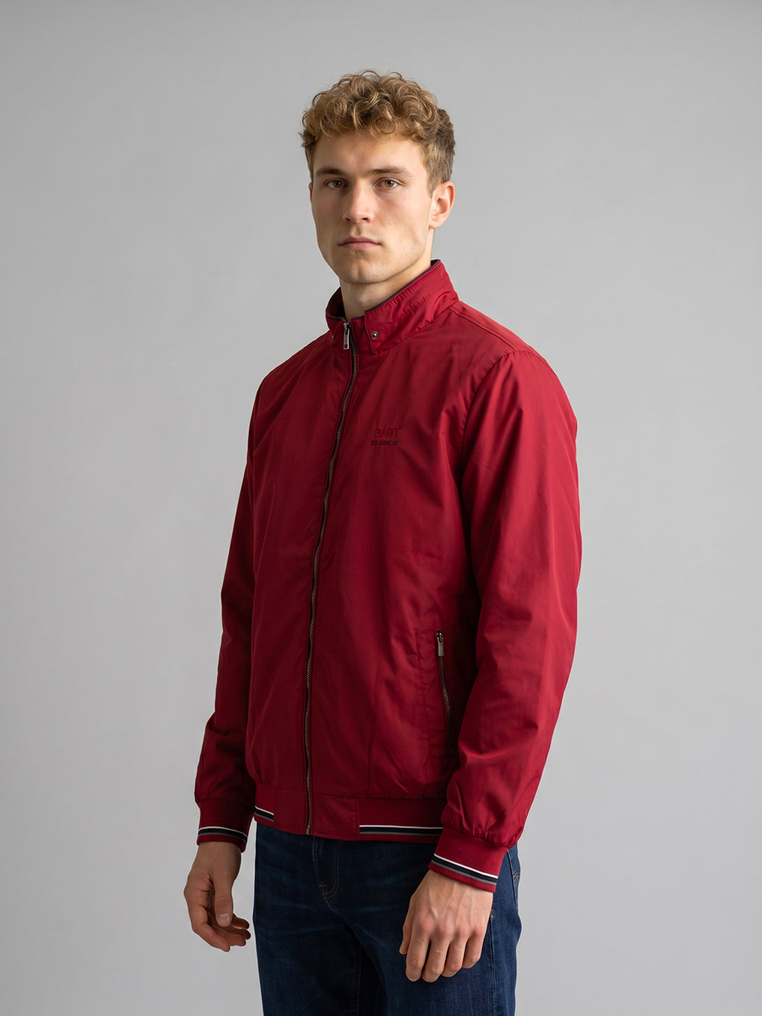 Men Red Solid Mandarin Collar Full Sleeve Bomber Jacket