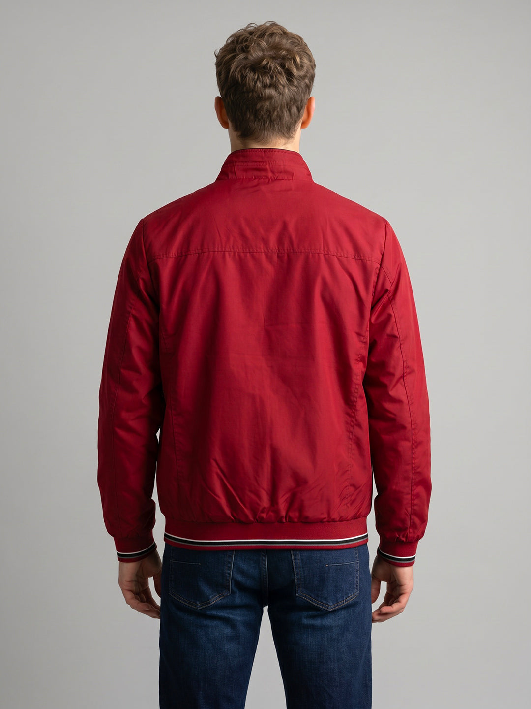 Men Red Solid Mandarin Collar Full Sleeve Bomber Jacket