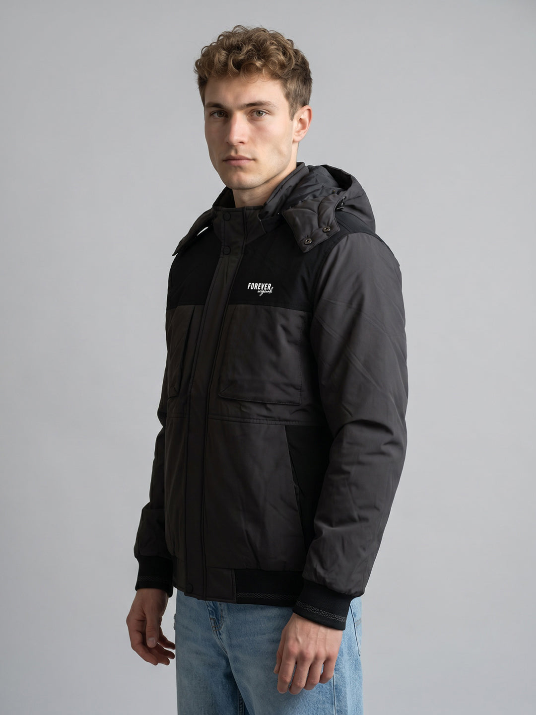 Men Grey Solid Detachable Hood Full Sleeve Parka Jacket