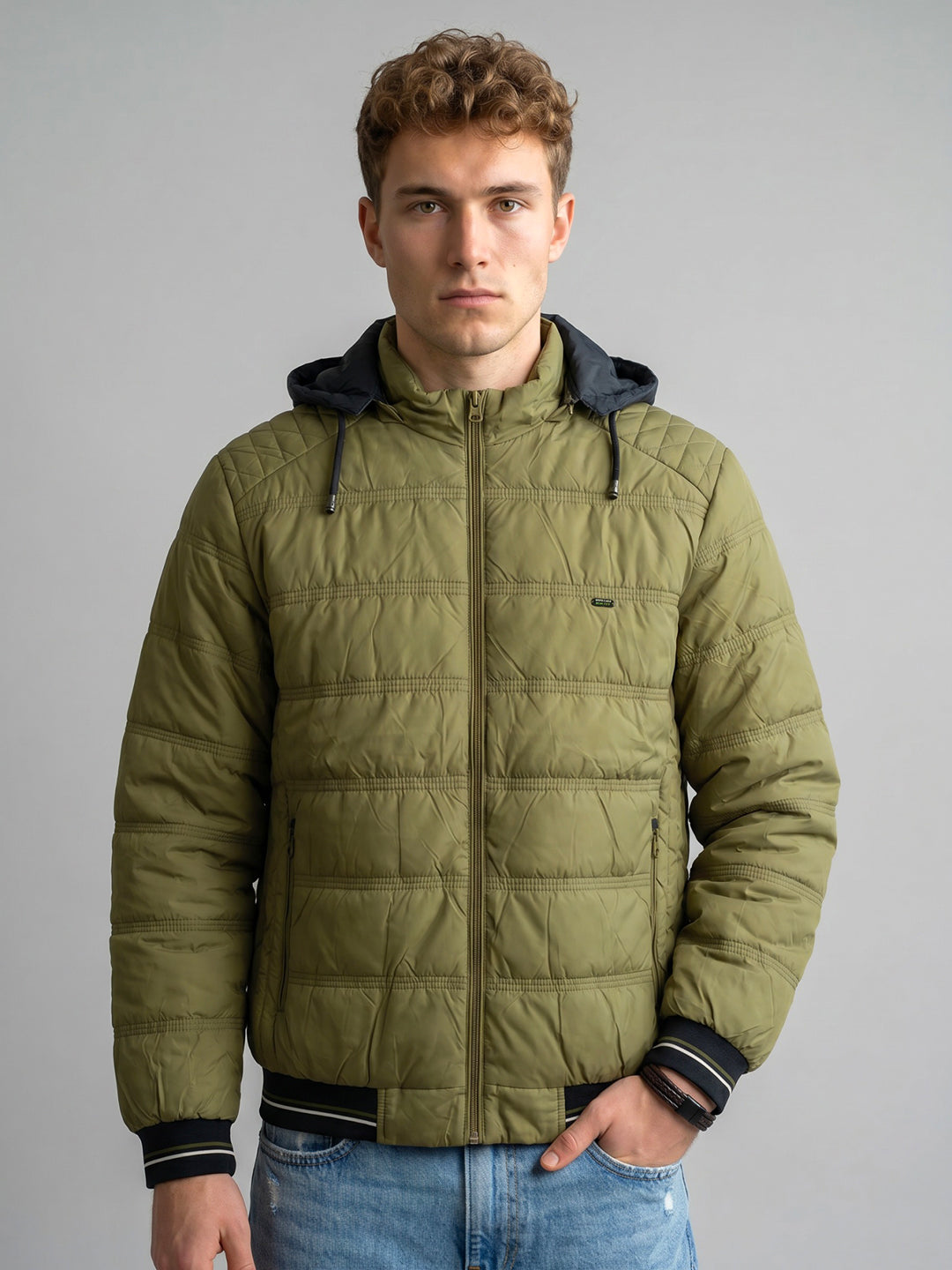 Men Sage Green Solid Mandarin Collar Full Sleeve Puffer Jacket with Hidden Hood