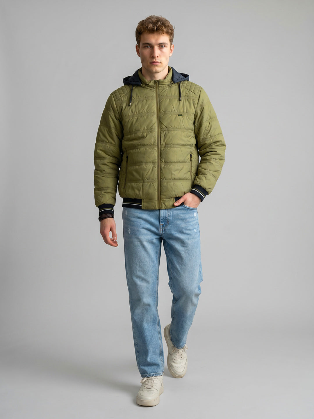 Men Sage Green Solid Mandarin Collar Full Sleeve Puffer Jacket with Hidden Hood