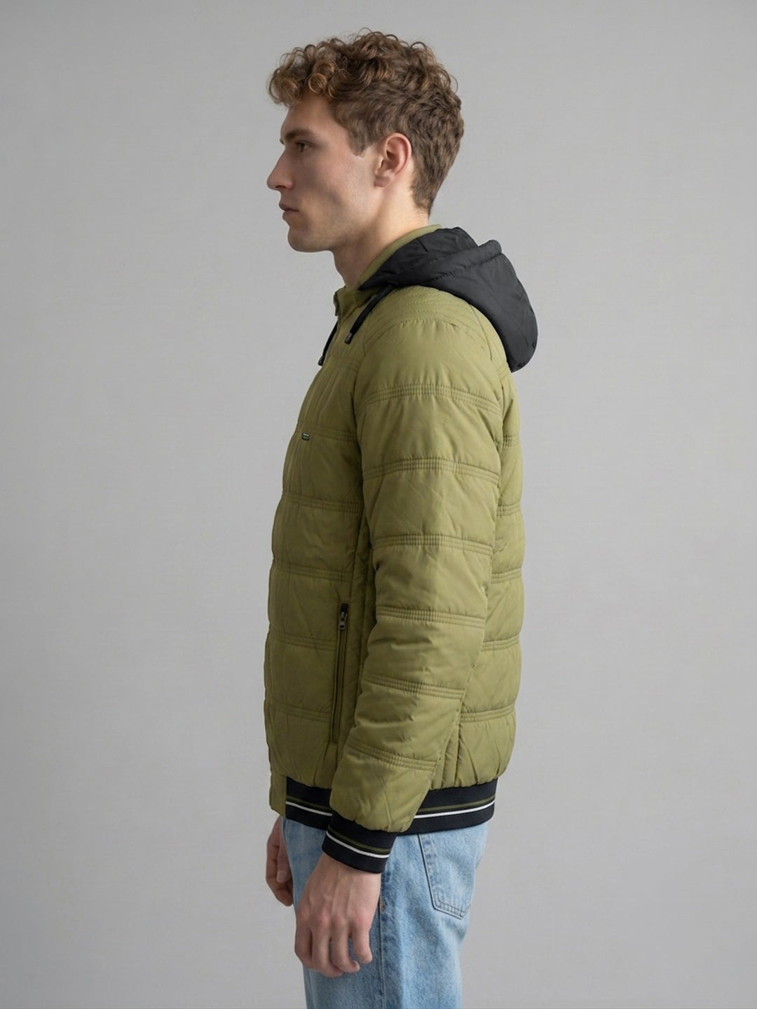 Men Sage Green Solid Mandarin Collar Full Sleeve Puffer Jacket with Hidden Hood
