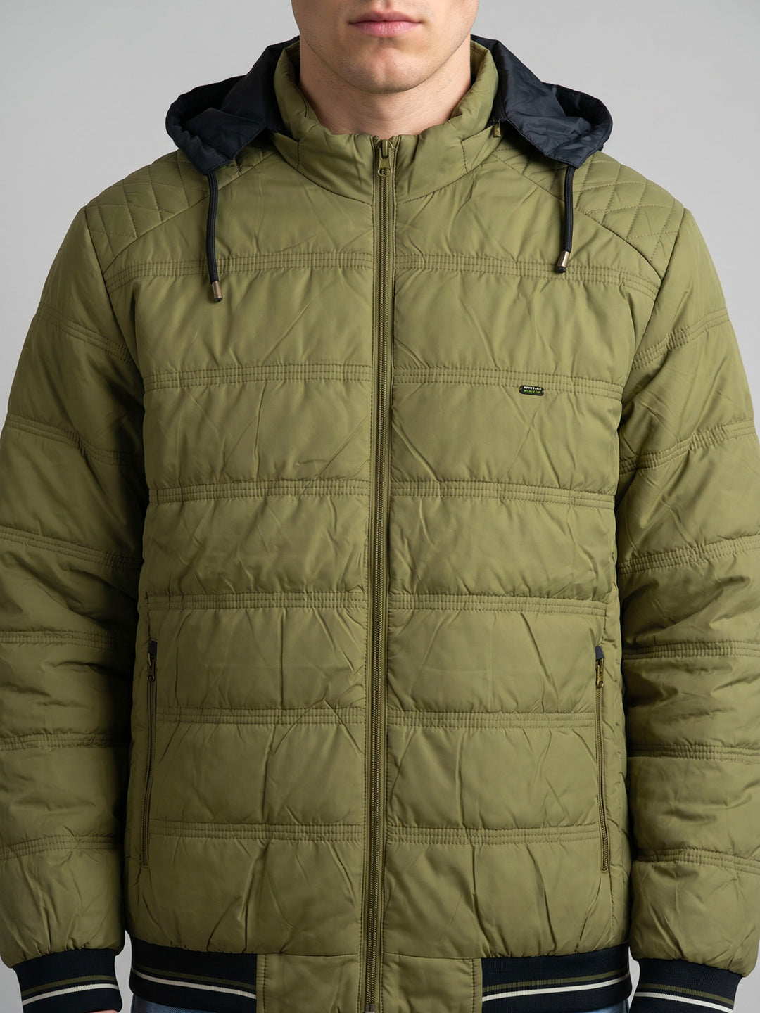 Men Sage Green Solid Mandarin Collar Full Sleeve Puffer Jacket with Hidden Hood