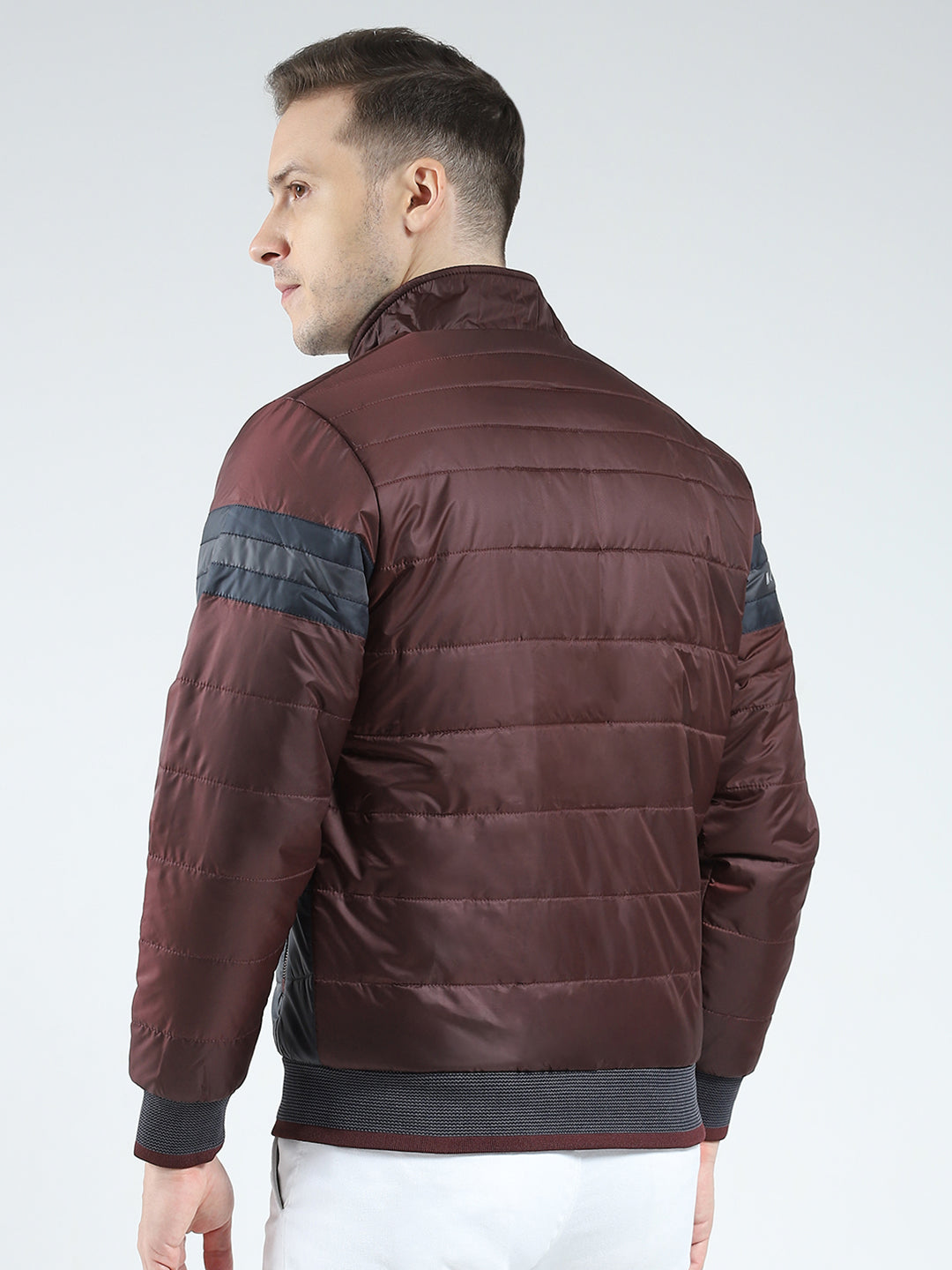 Men Maroon Solid Mock Neck Full Sleeve Jacket