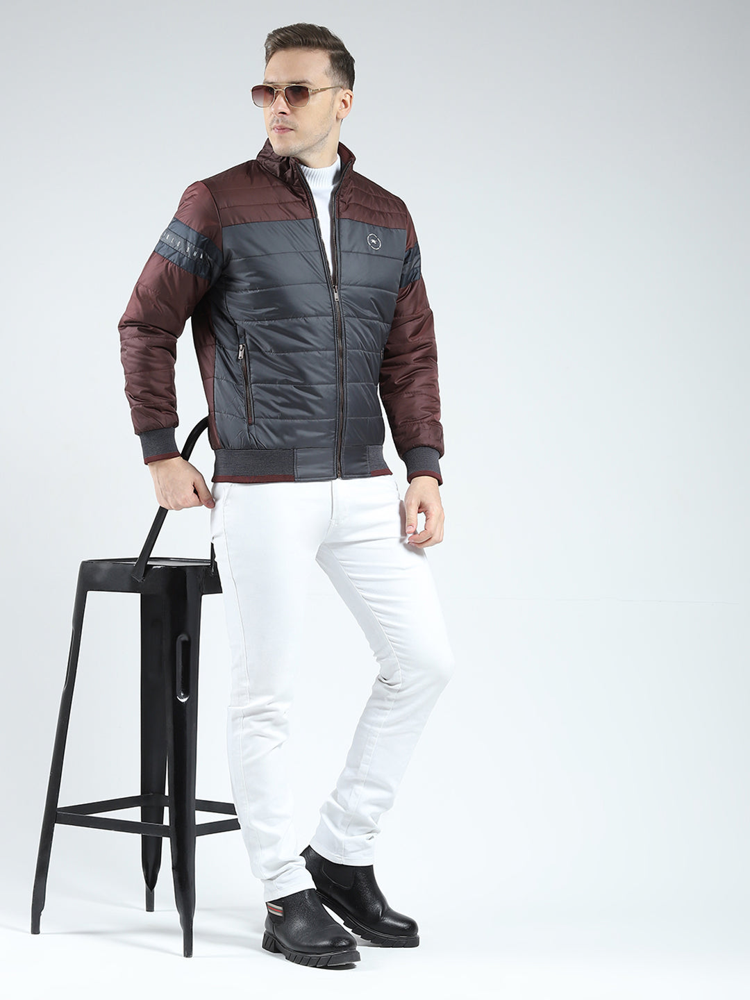 Men Maroon Solid Mock Neck Full Sleeve Jacket