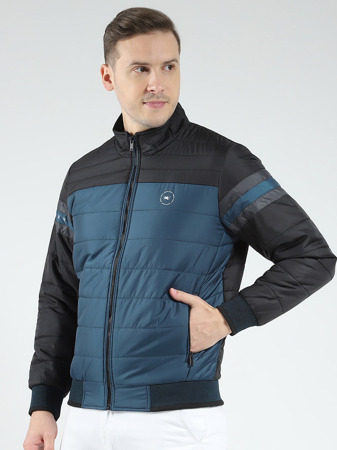 Men Black Solid Mock Neck Full Sleeve Jacket