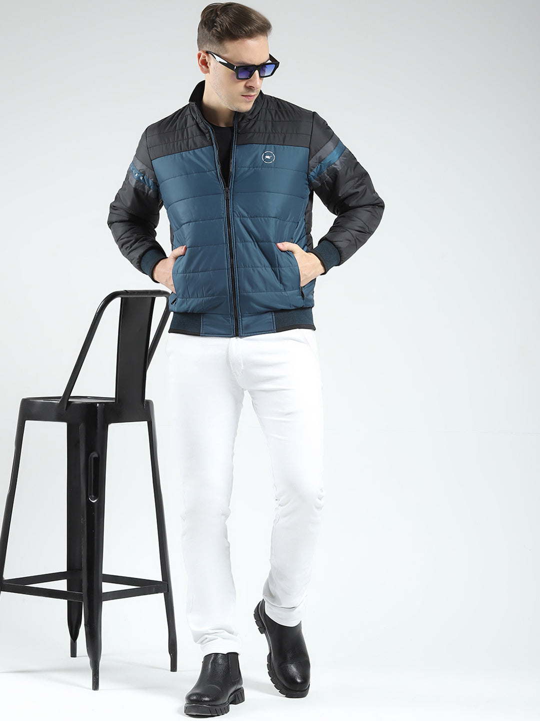 Men Black Solid Mock Neck Full Sleeve Jacket