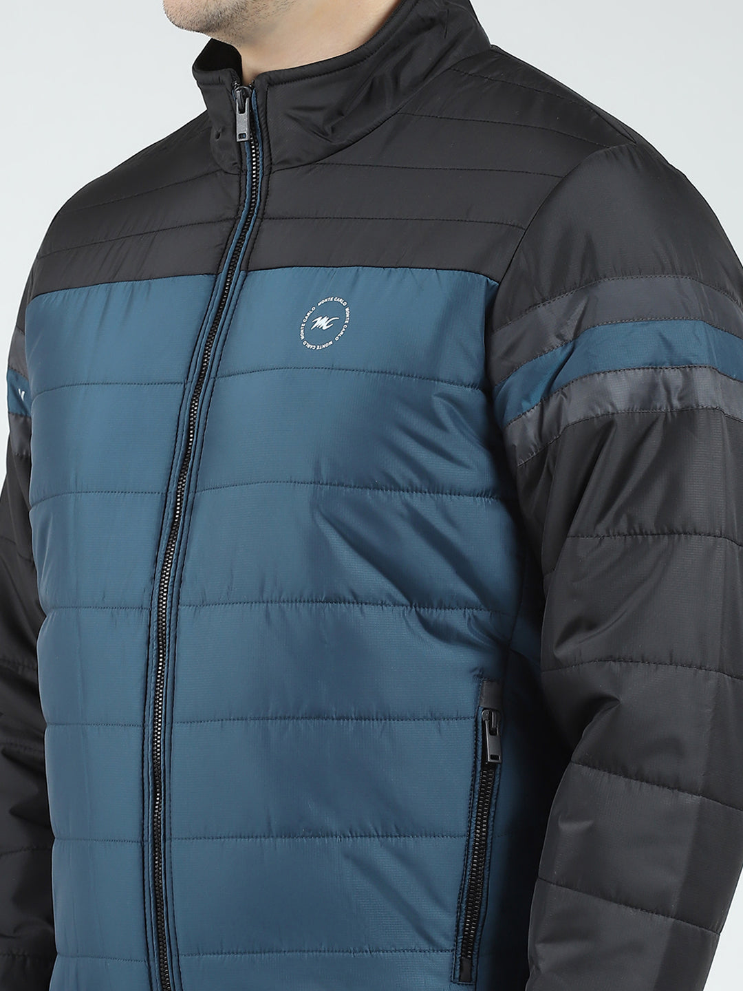 Men Black Solid Mock Neck Full Sleeve Jacket