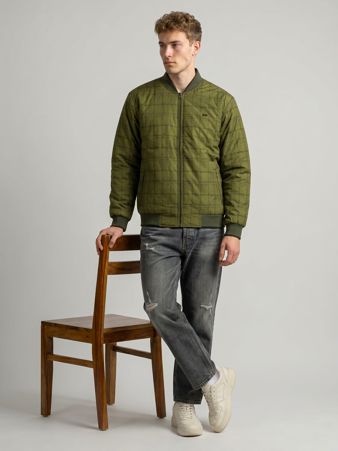 Men Green Printed Mandarin Collar Full Sleeve Jacket