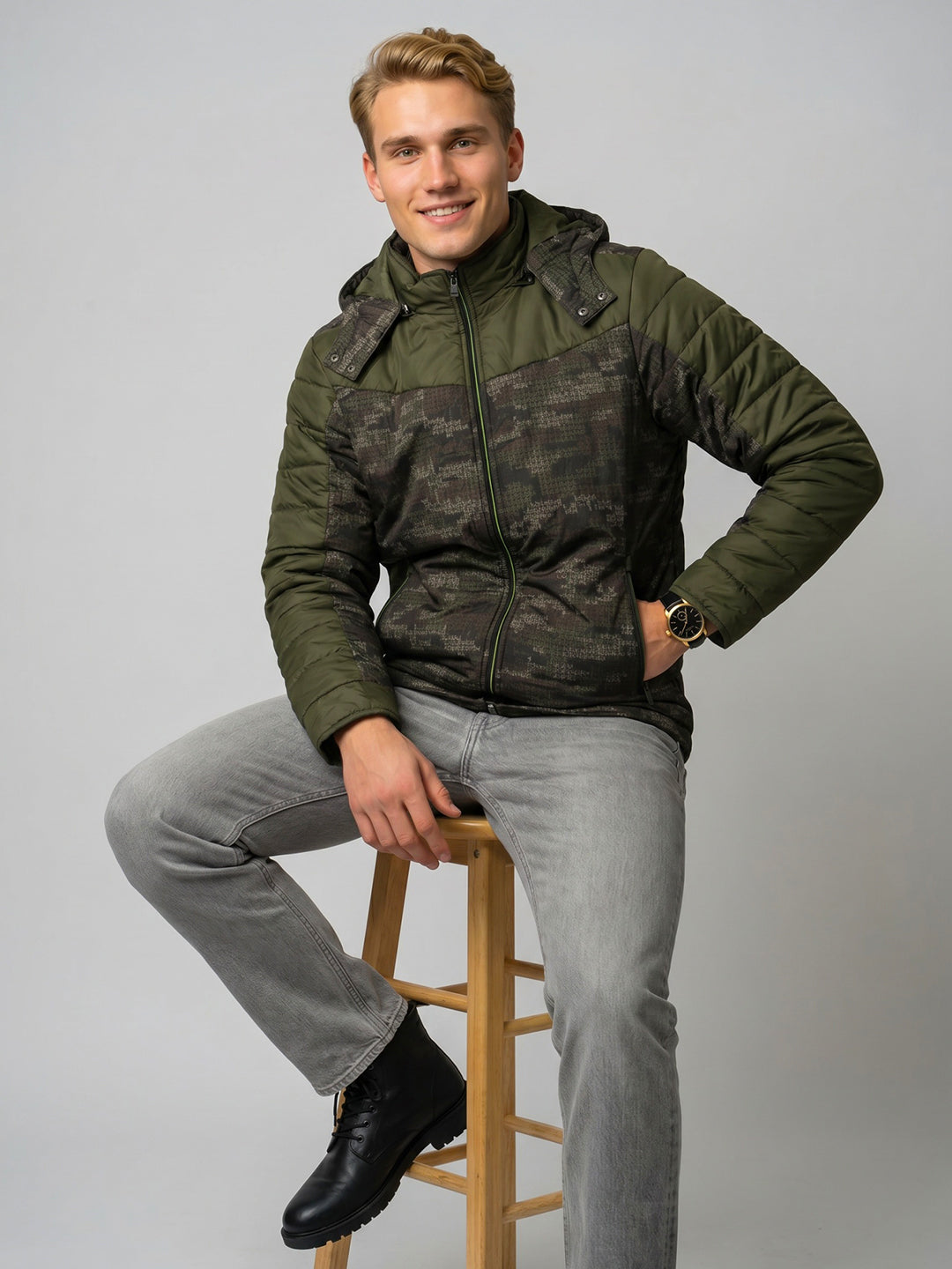 Men Olive Self Design Detachable Hood Full Sleeve Jacket