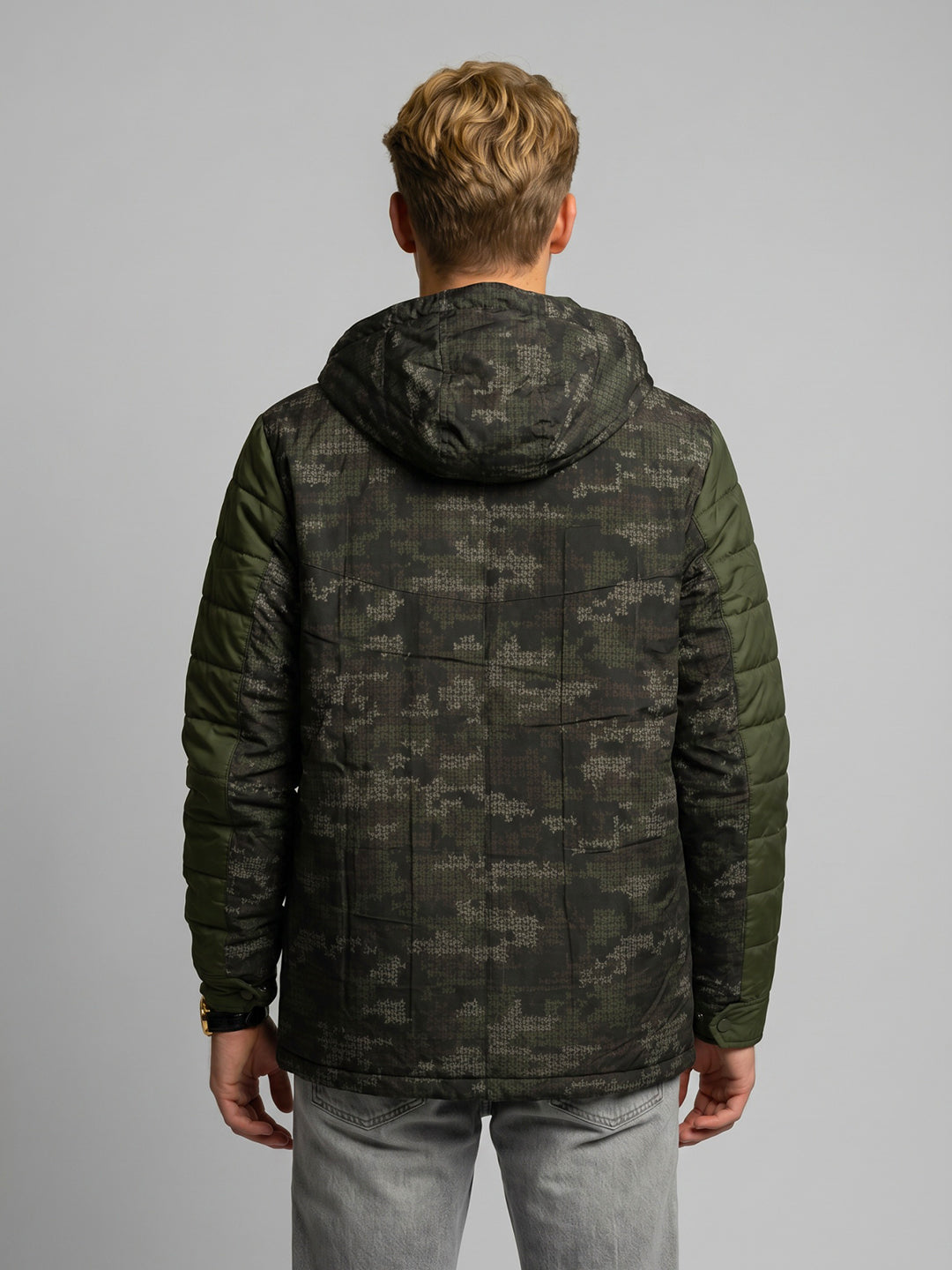 Men Olive Self Design Detachable Hood Full Sleeve Jacket