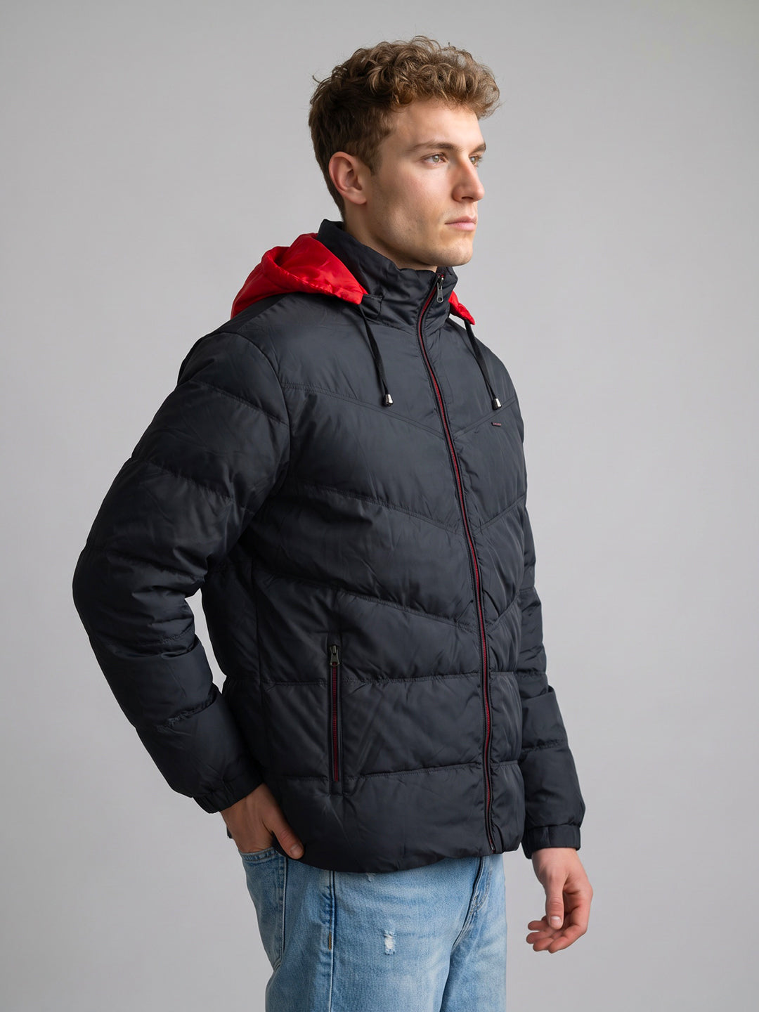 Men Navy Blue Solid Stand Collar Full Sleeve Puffer Jacket