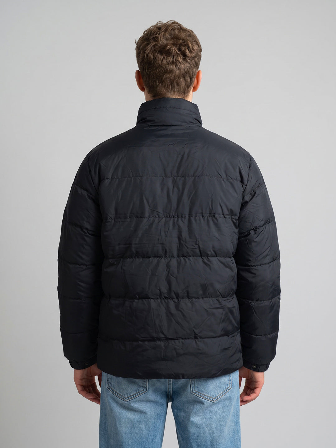 Men Navy Blue Solid Stand Collar Full Sleeve Puffer Jacket