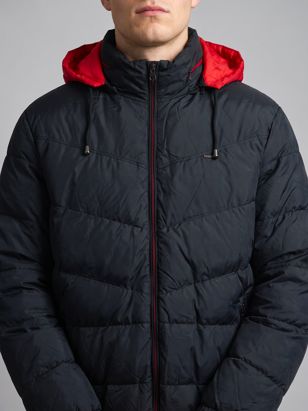 Men Navy Blue Solid Stand Collar Full Sleeve Puffer Jacket