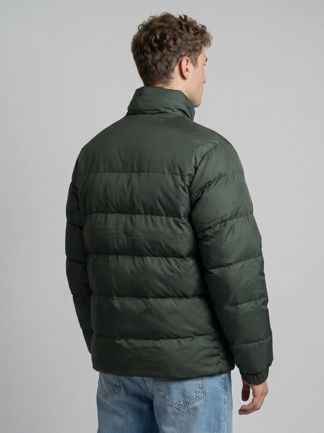 Men Grey Solid Stand Collar Full Sleeve Puffer Jacket