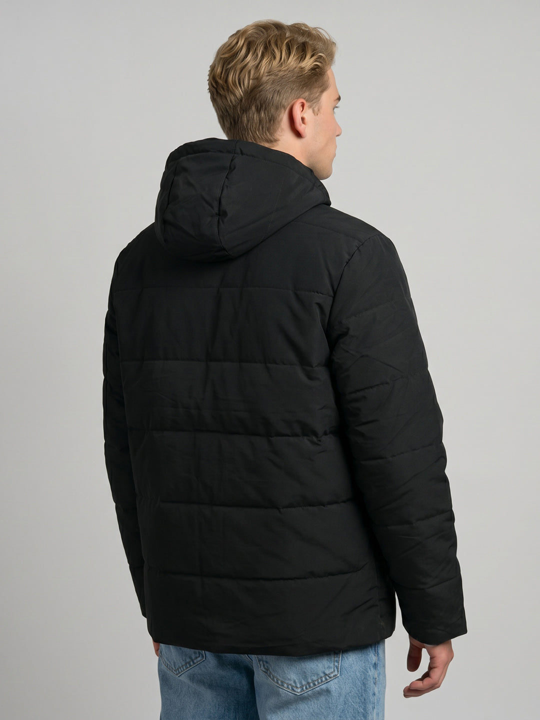 Men Black Solid Detachable Hood Full Sleeve Parka Jacket