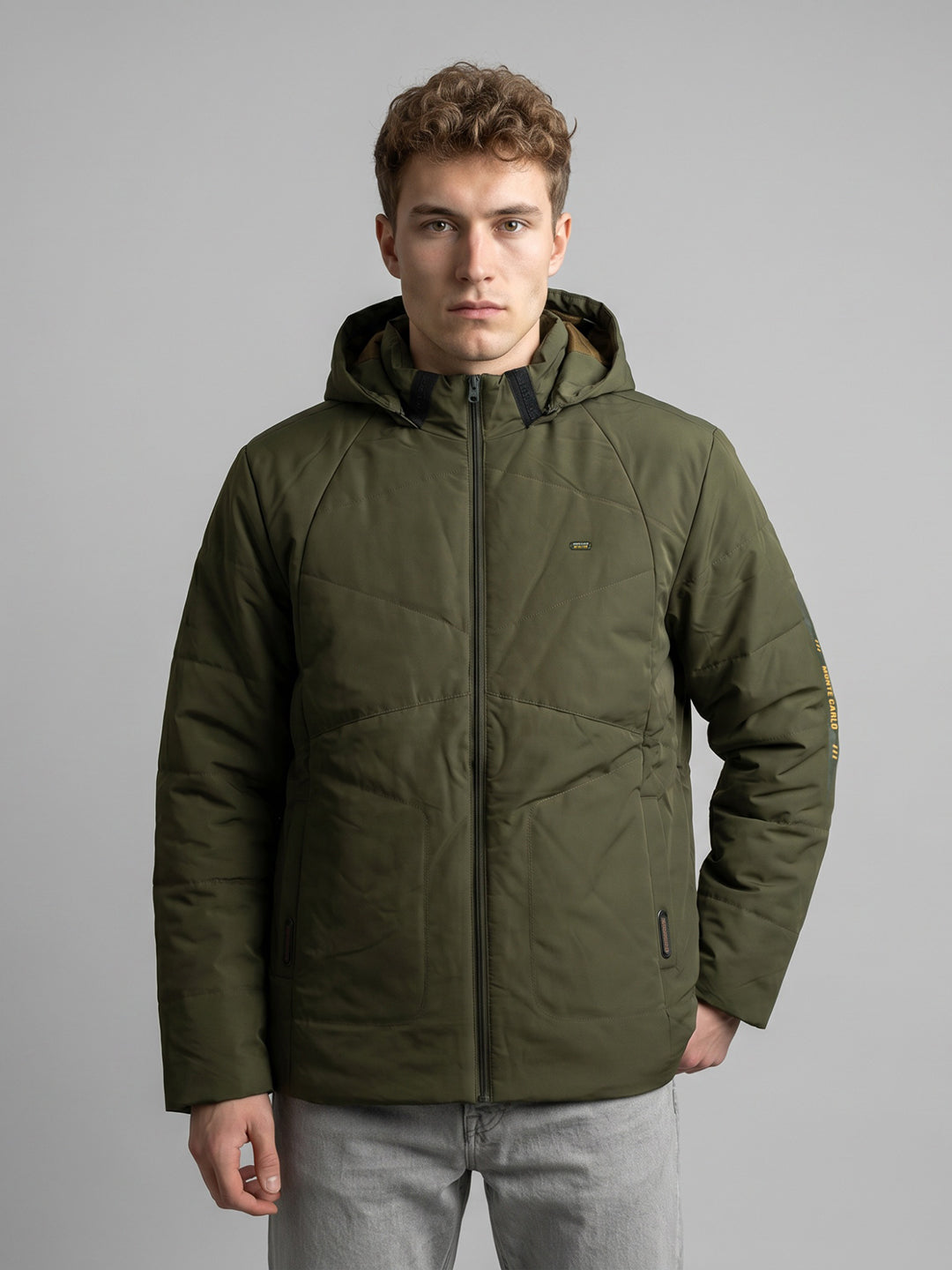 Men Olive Solid Detachable Hood Full Sleeve Parka Jacket