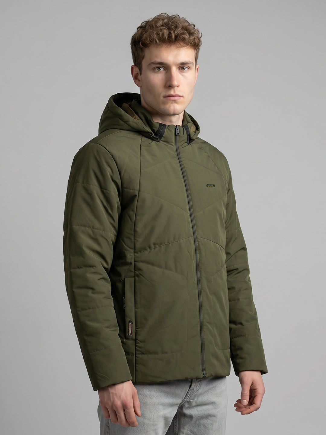 Men Olive Solid Detachable Hood Full Sleeve Parka Jacket