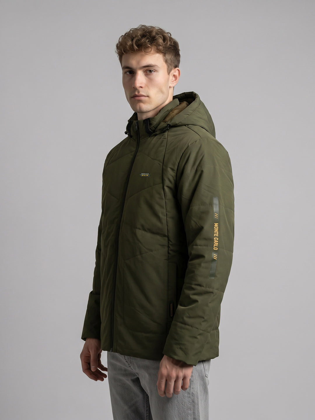 Men Olive Solid Detachable Hood Full Sleeve Parka Jacket