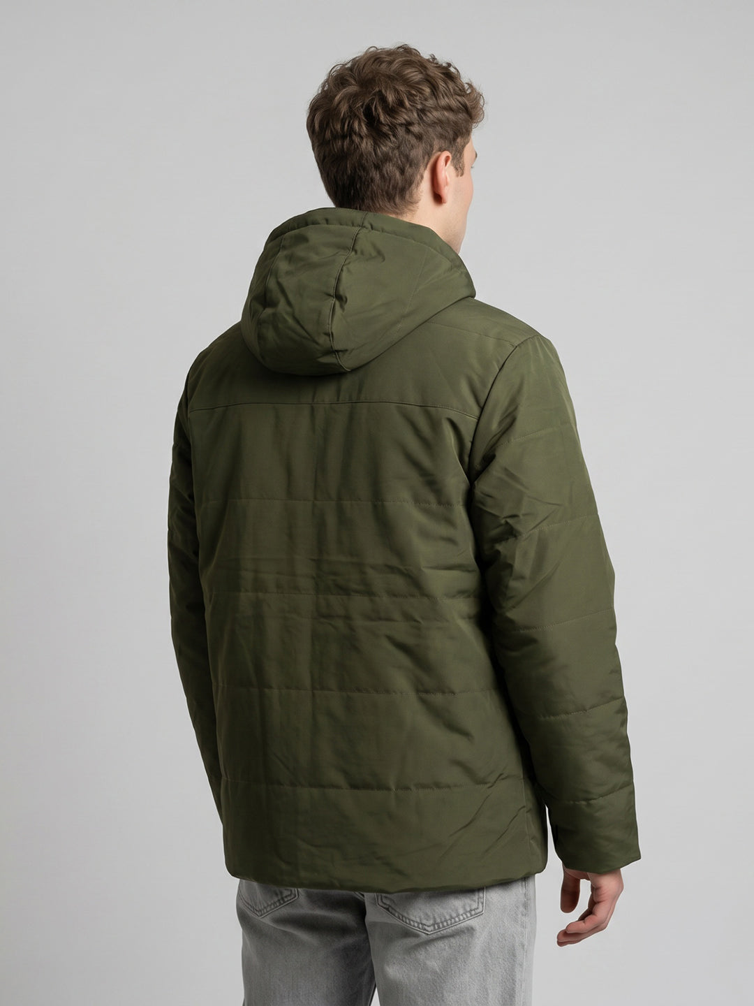 Men Olive Solid Detachable Hood Full Sleeve Parka Jacket