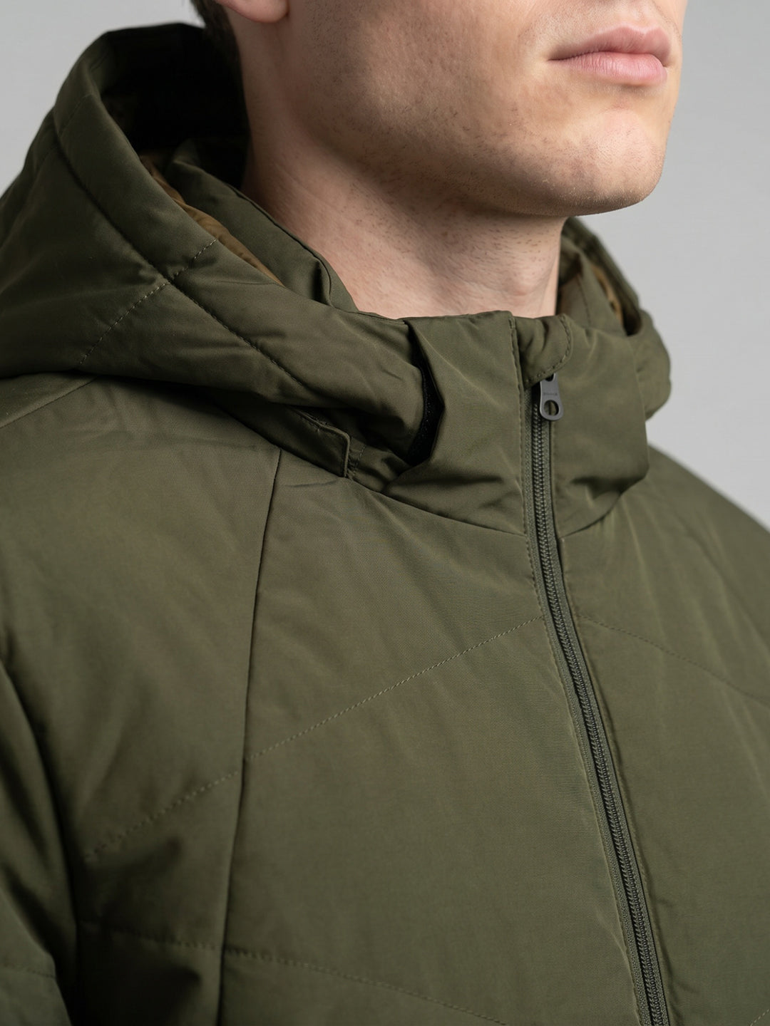 Men Olive Solid Detachable Hood Full Sleeve Parka Jacket