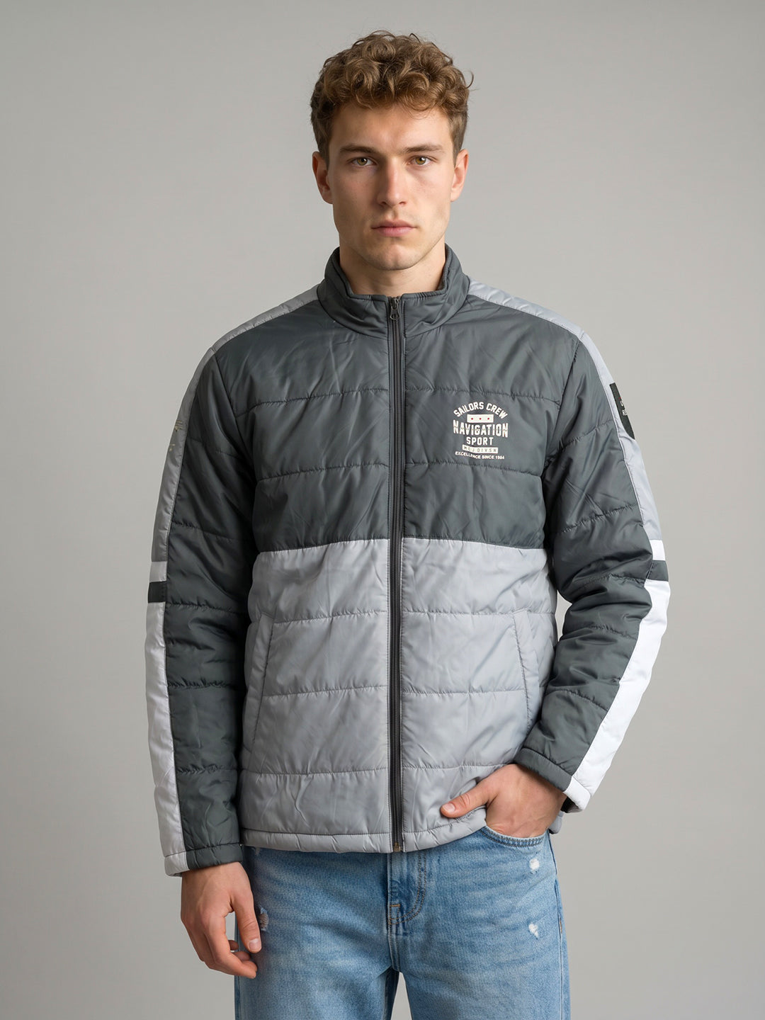 Men Grey Solid Turtle Neck Full Sleeve Bomber Jacket