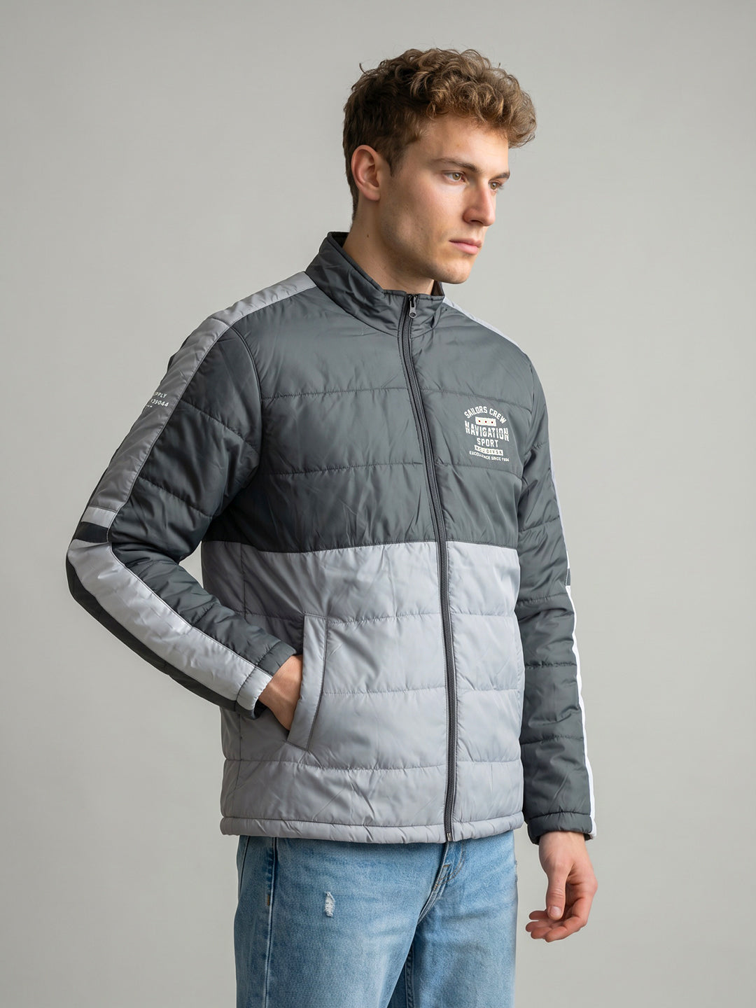 Men Grey Solid Turtle Neck Full Sleeve Bomber Jacket