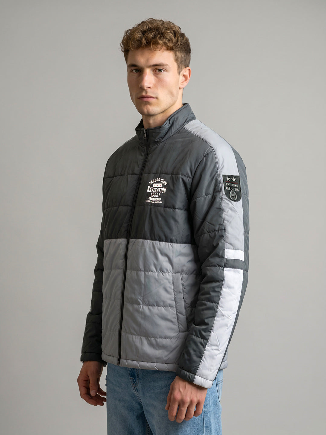 Men Grey Solid Turtle Neck Full Sleeve Bomber Jacket