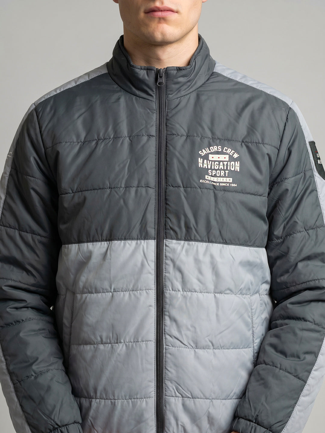Men Grey Solid Turtle Neck Full Sleeve Bomber Jacket