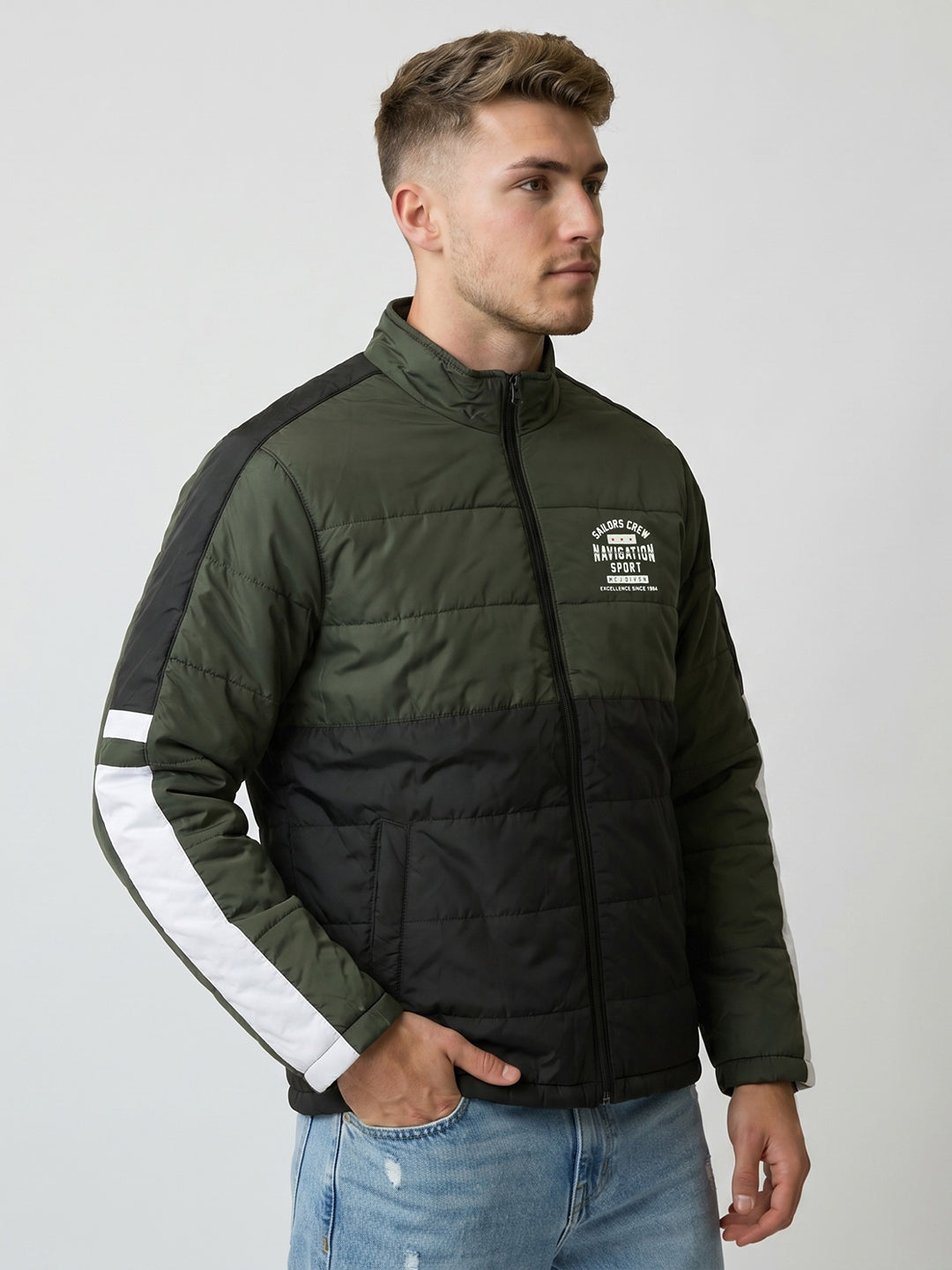 Men Black Solid Turtle Neck Full Sleeve Bomber Jacket