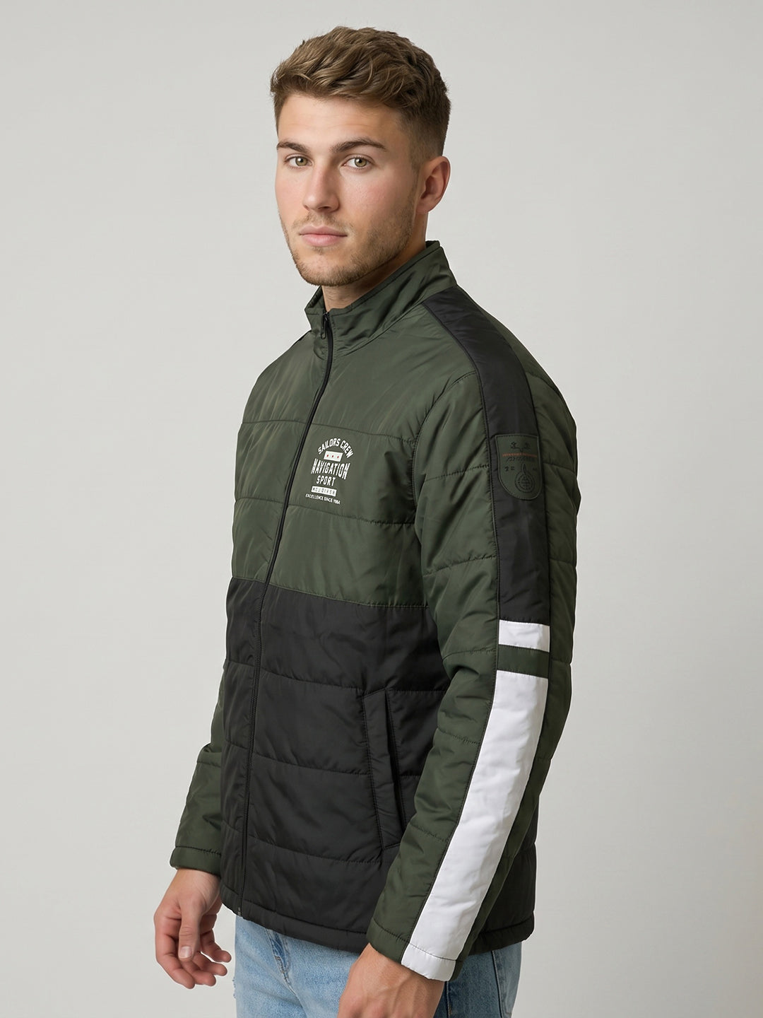 Men Black Solid Turtle Neck Full Sleeve Bomber Jacket