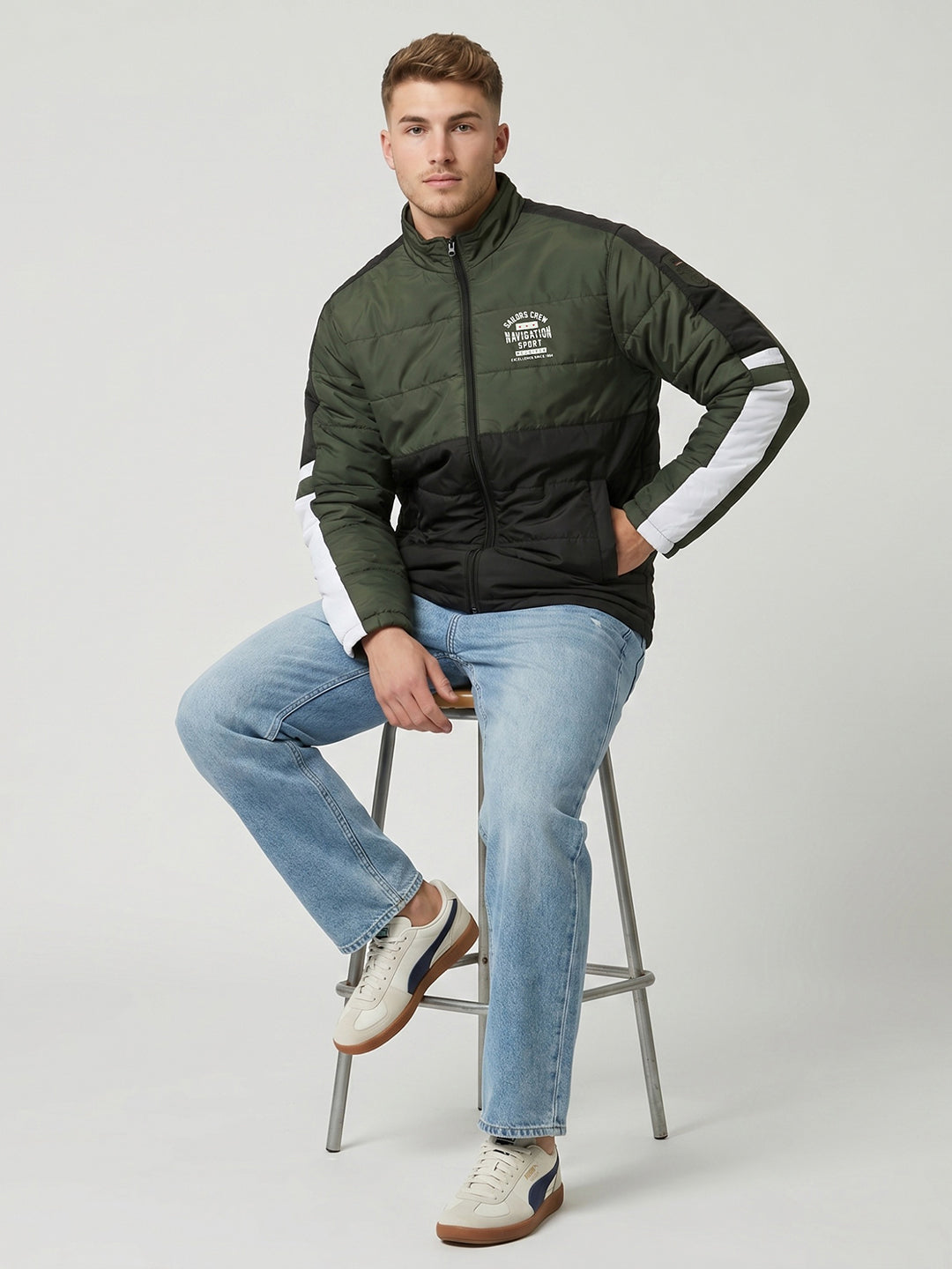 Men Black Solid Turtle Neck Full Sleeve Bomber Jacket