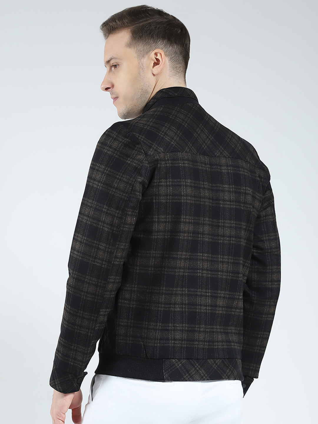 Men Brown Check Mock Neck Full Sleeve Coat