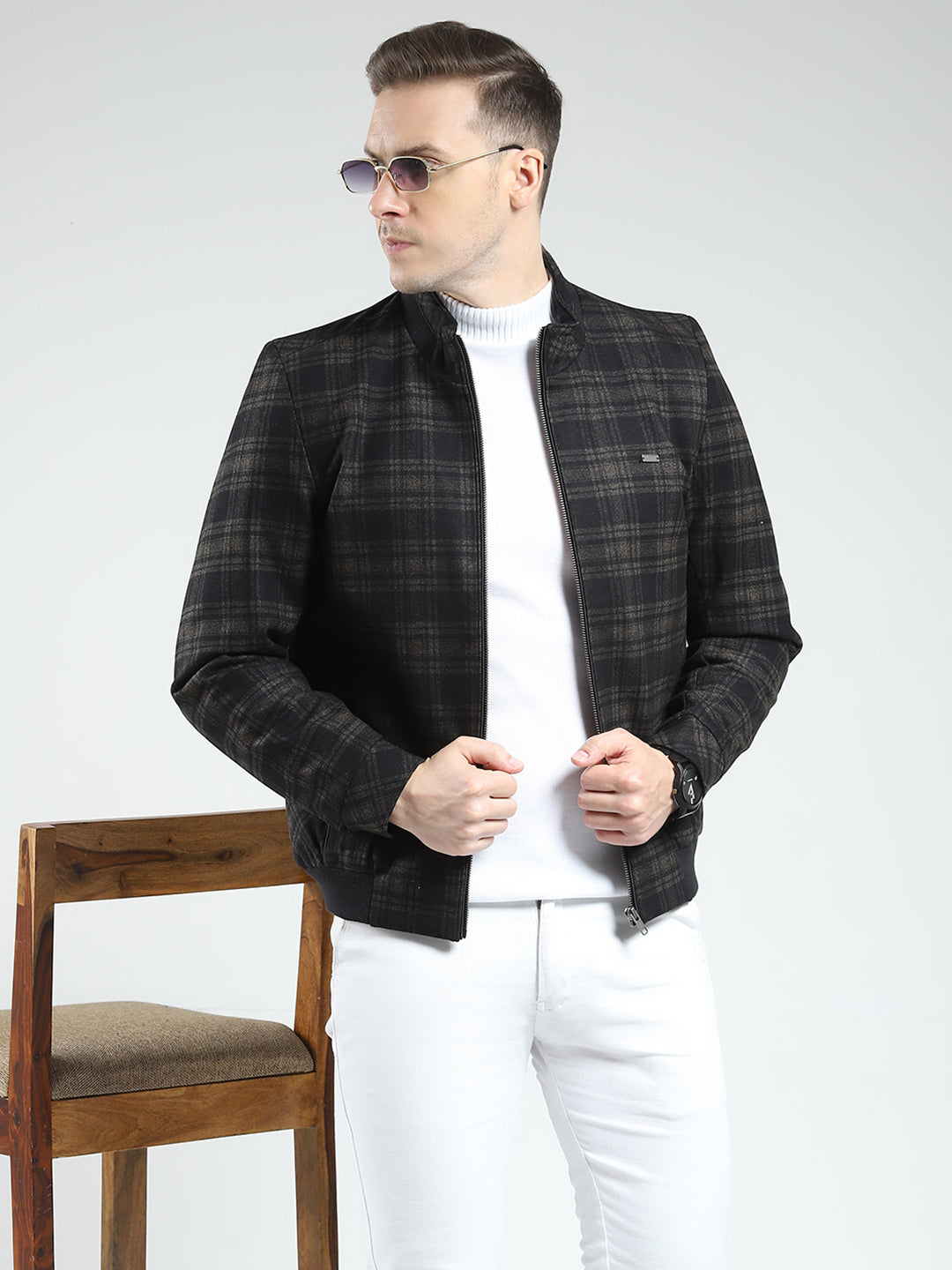 Men Brown Check Mock Neck Full Sleeve Coat