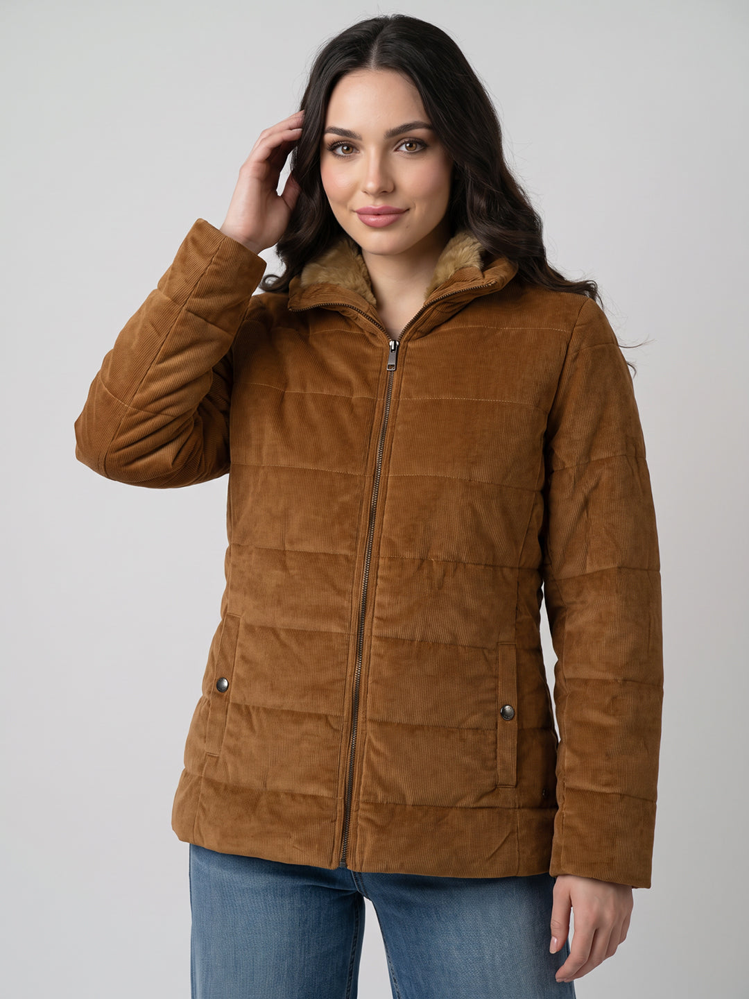 Women Rust Corduroy Overlap Neck Full Sleeve Bomber Jacket